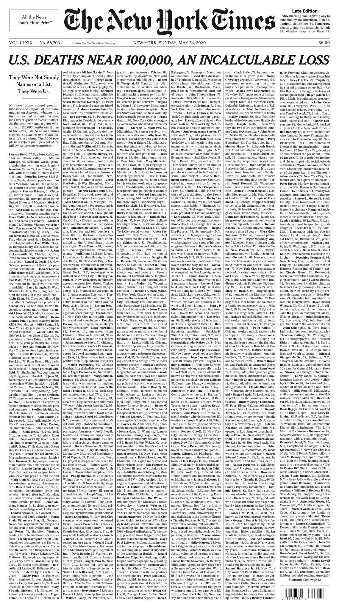 A front page of the New York Times, with the names and obituaries of people who died from Covid-19