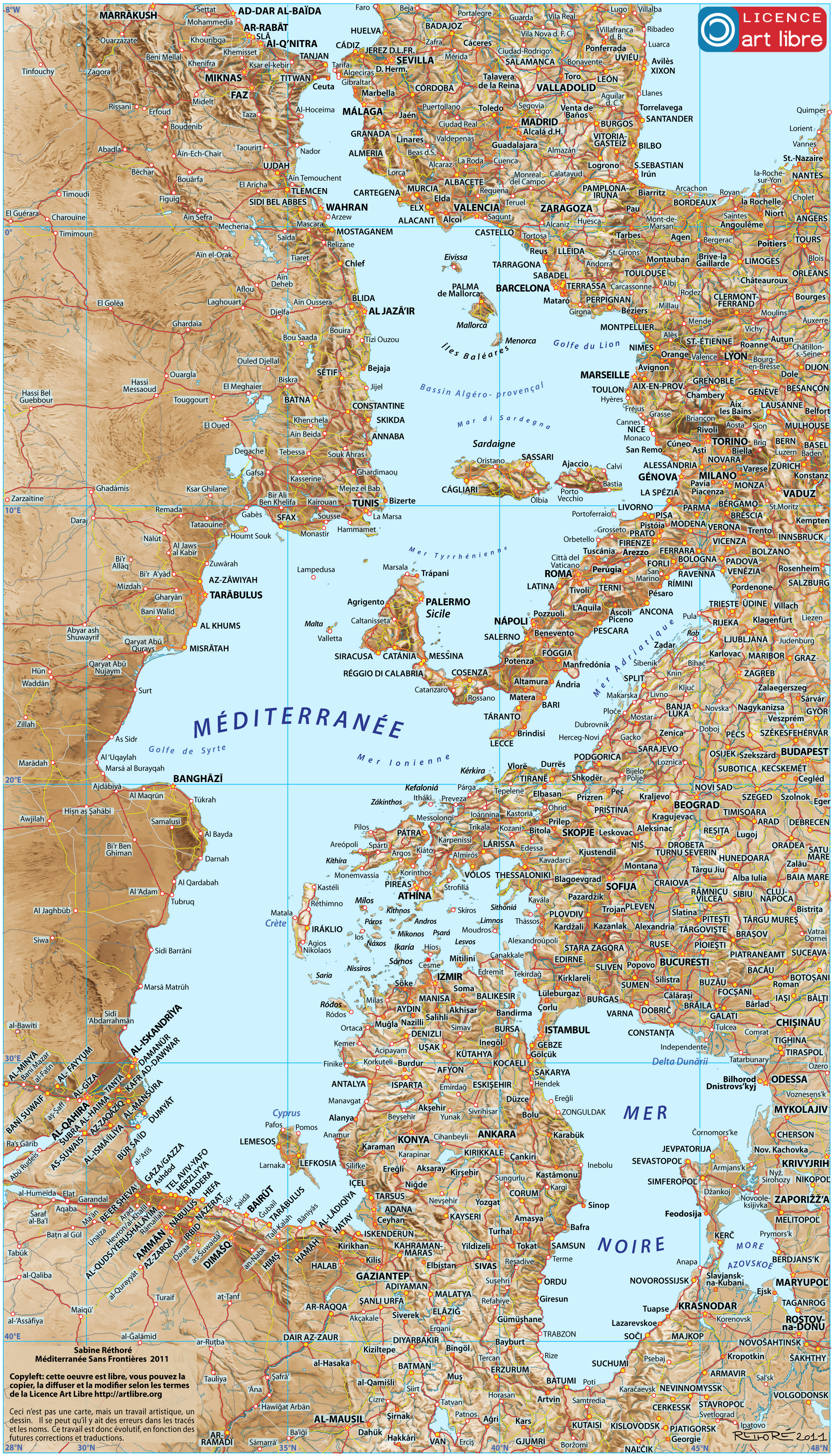A map of the Mediterranean, with the North pointing to the right