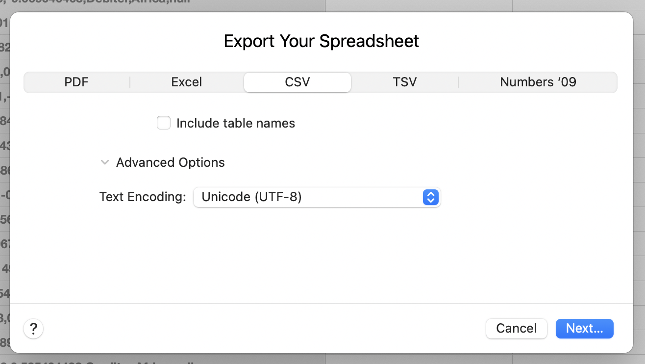A software program dialogue with a heading saying "Export Your Spreadsheet". A dropdown labelled "Text Encoding" is set to the value of "Unicode (UTF-8)