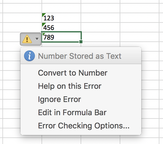 A screenshot showing a Microsoft Excel table with three numbers, and a generated warning with the words "Number Stored as Text" warning
