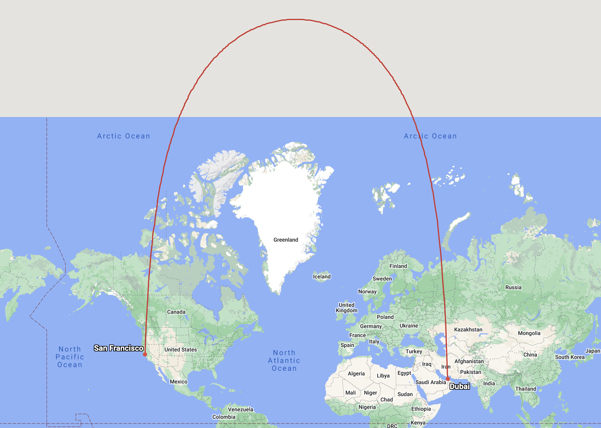 The same line on a Mercator map. The line is of the map