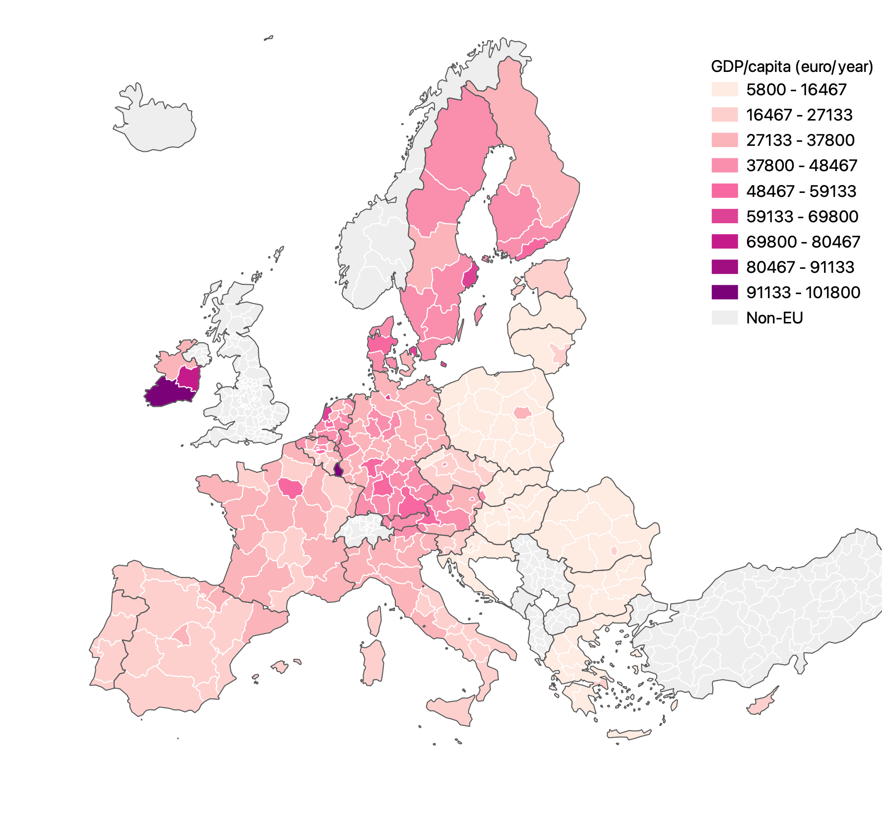 A choropleth map of EU regions showing their GDP/capita using a pink-purple colour scheme