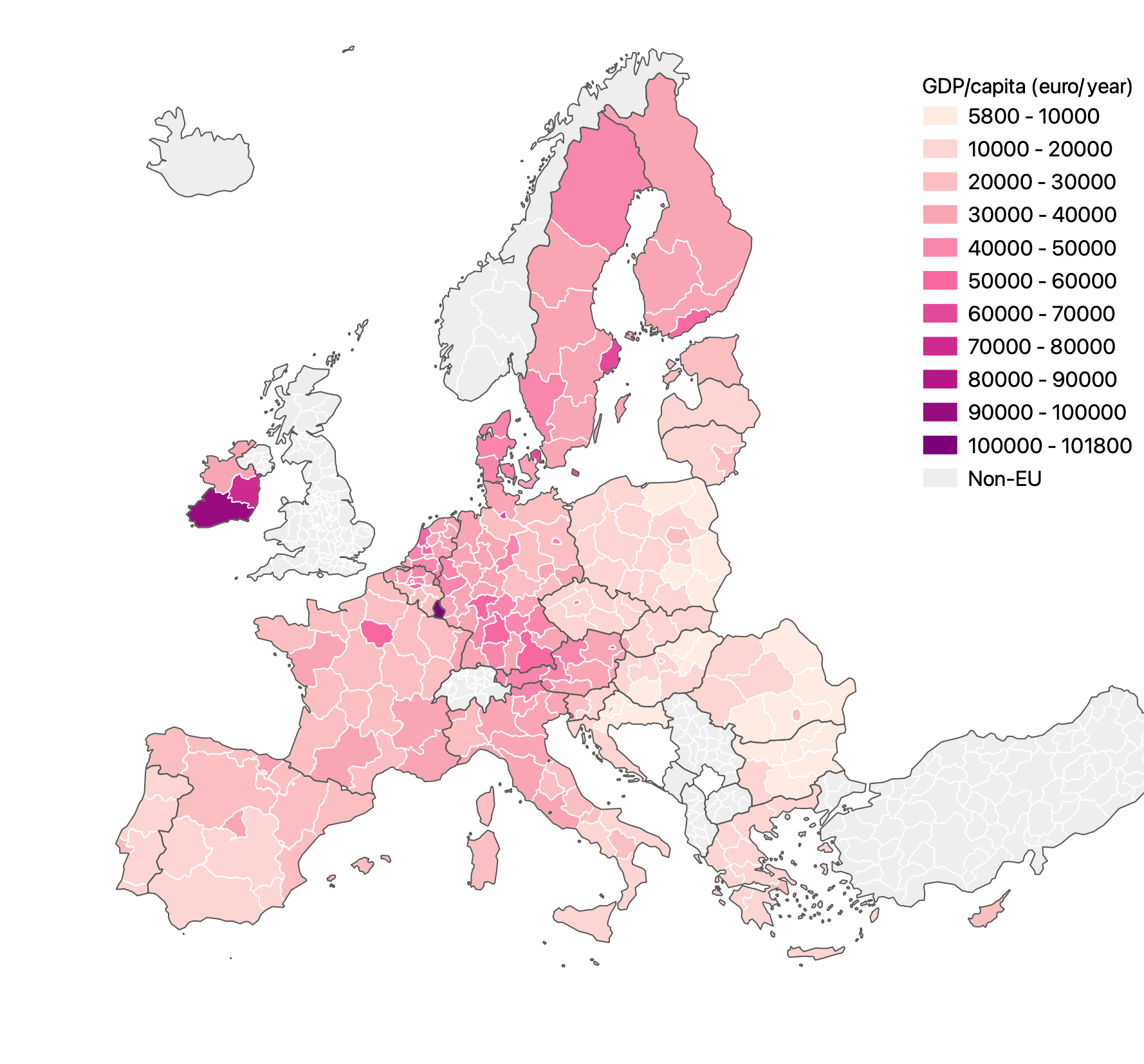 The same choropleth map as above, but with a pretty breaks classification. Each class is 10.000 €/year wide