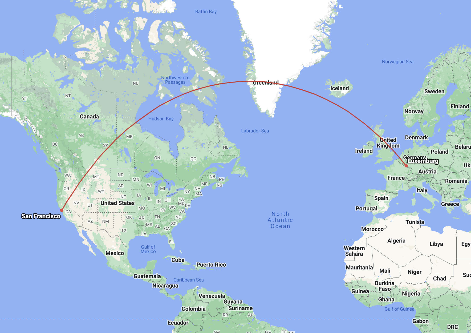 The same line plotted on a Mercator map. The line has the shape of an arc.
