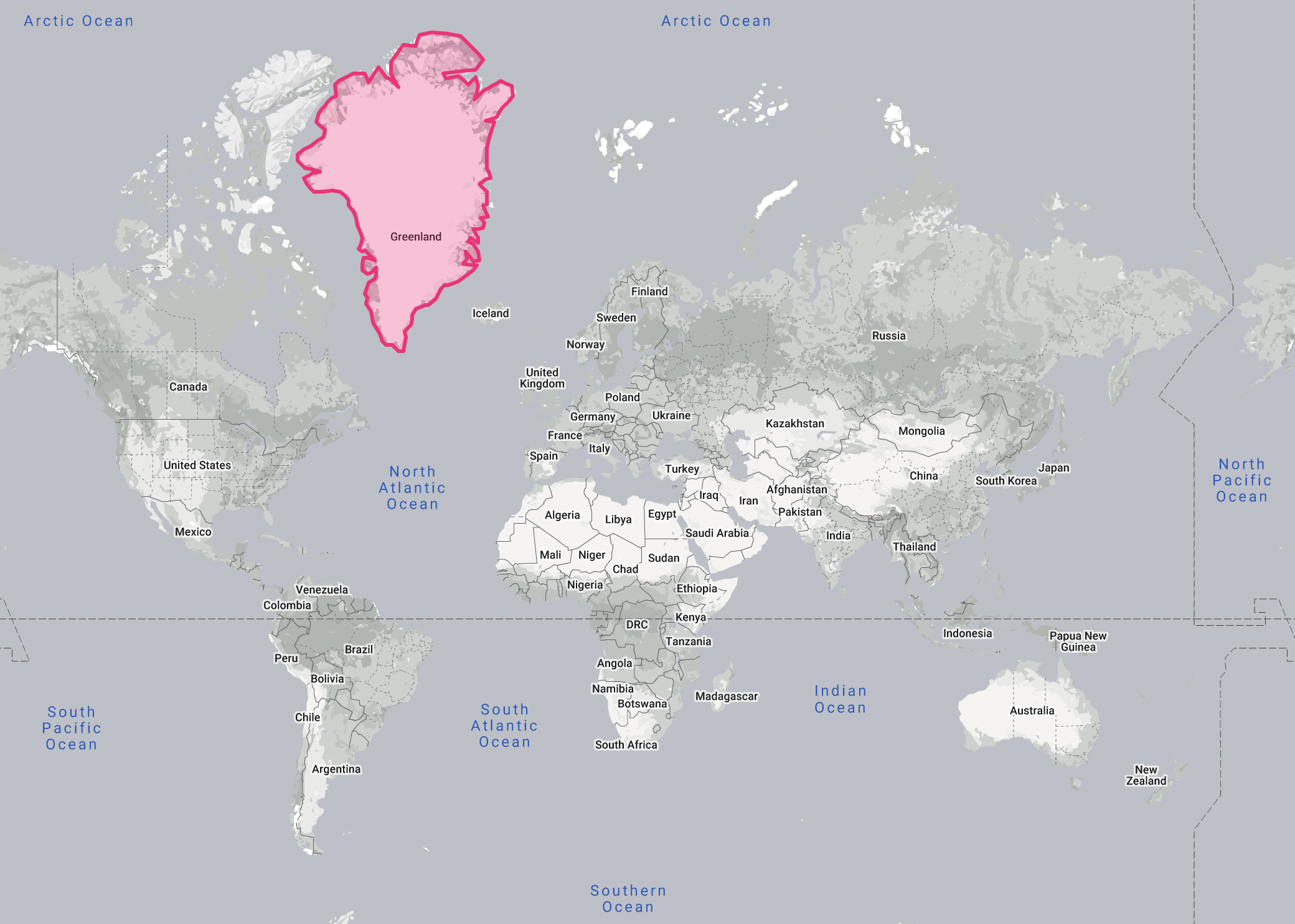 A world map in the Mercator projection, with Greenland highlighted in pink