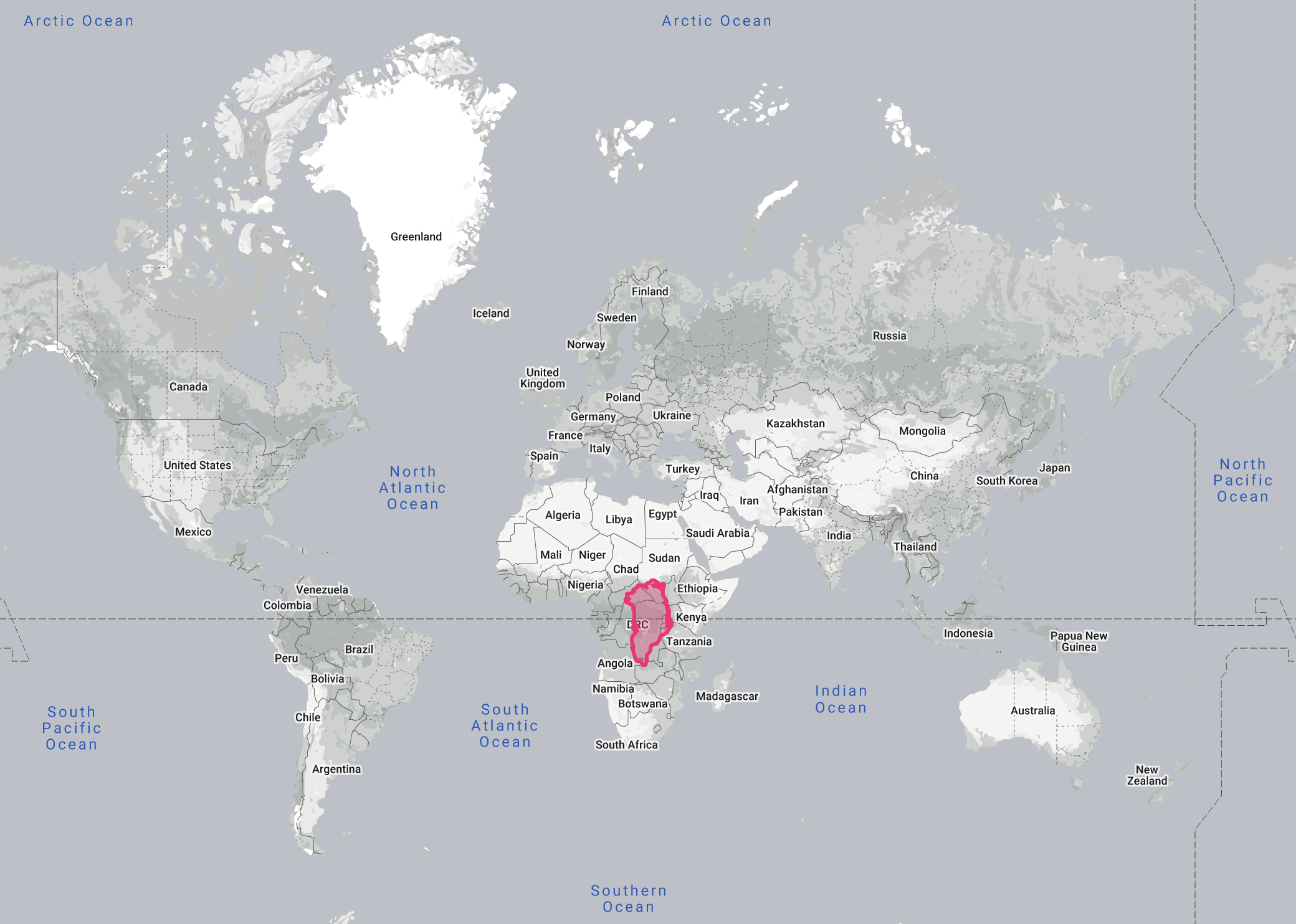 The same map as above, but with Greenland moved to the equator and shrunken to its real size