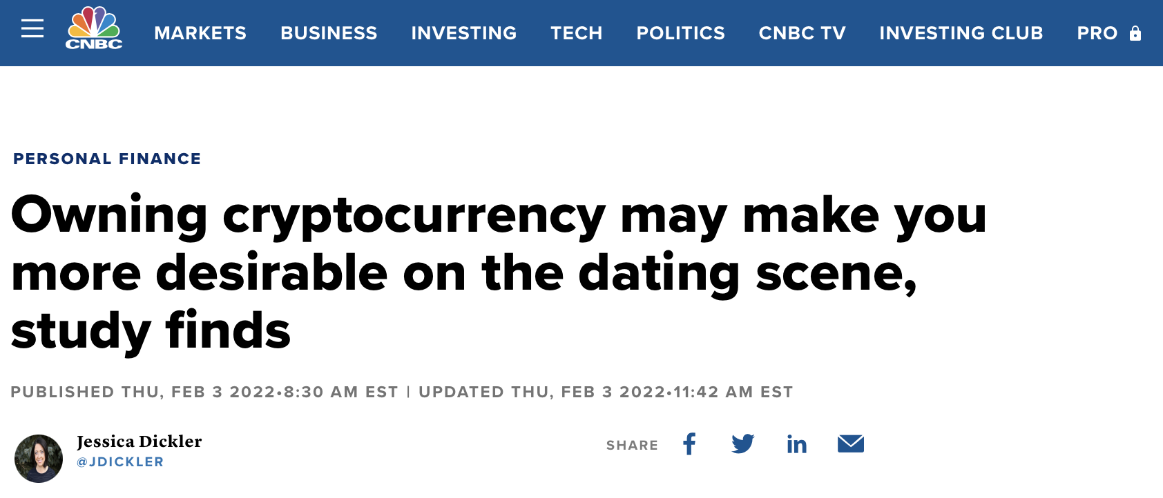 Screenshot of an article titled 'Owning cryptocurrency may make you more desirable on teh dating scene, study finds' on cnbc.com