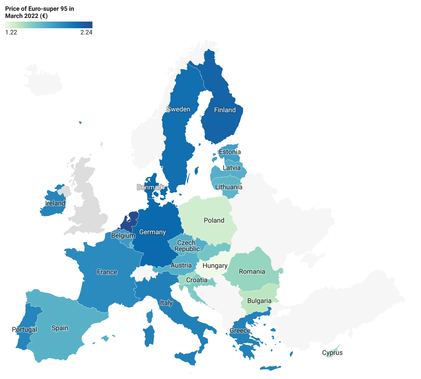 A choropleth map showing the price of gasoline in the countries of the EU