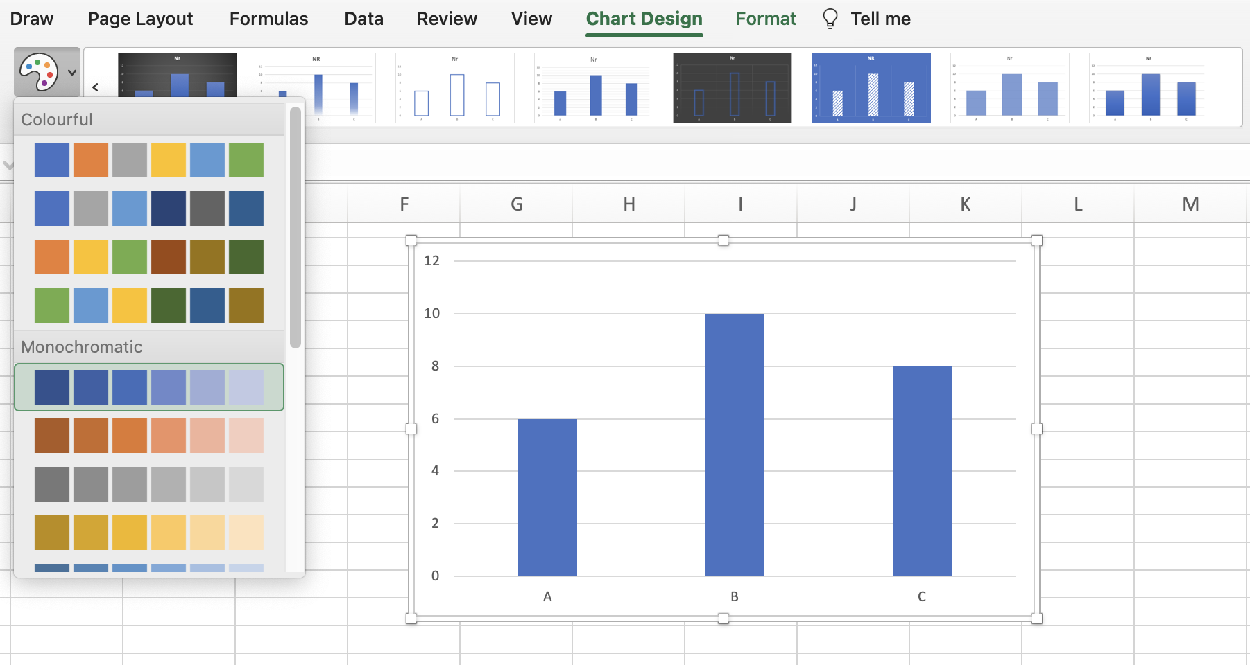 A screenshot of the Microsoft Excel interface to change the colours used on a bar chart