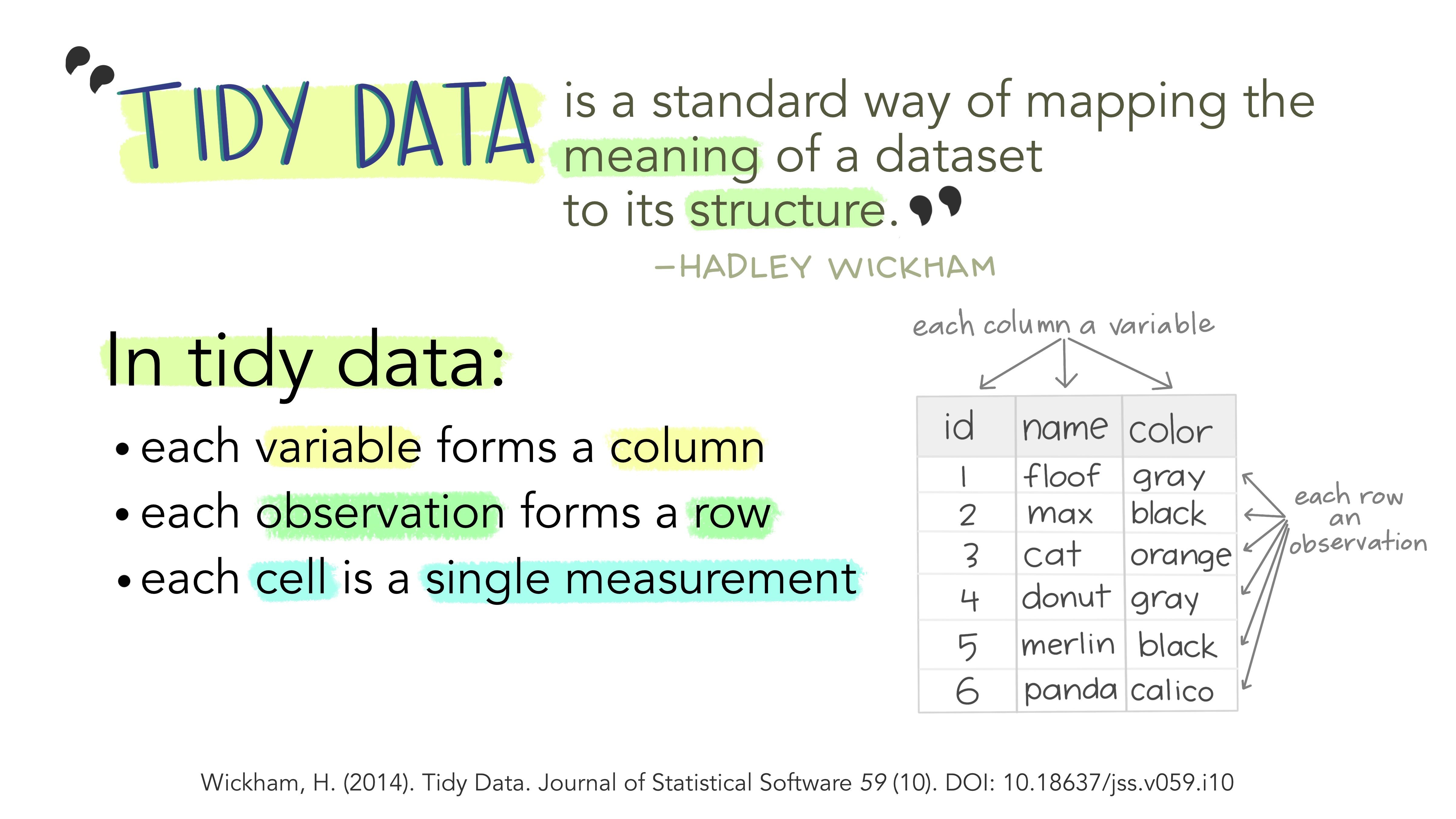 An image showing a quote by Hadley Wickham: 'Tidy data is a standard way of mapping the meaning of a dataset to its structure'
