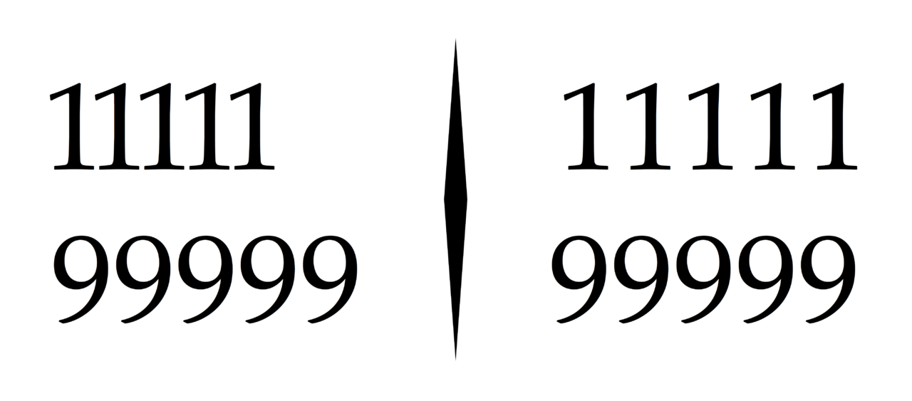 The numbers 11111 and 99999 printed on top of each other. On the left the numerals are proportional, and the number 99999 takes much more horizontal space than the number 11111. On the right the numbers are tabular, and both numbers take up the same amount of horizontal space