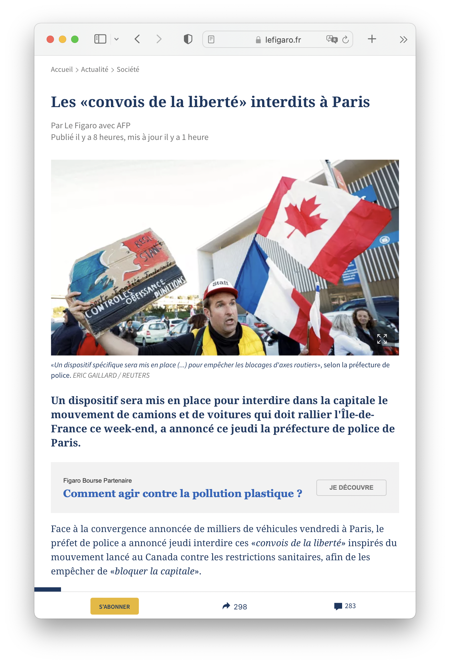 A browser window displaying the article Les convois de la liberté interdits à Paris on lefigaro.fr. The website uses both sans-serif as serif fonts