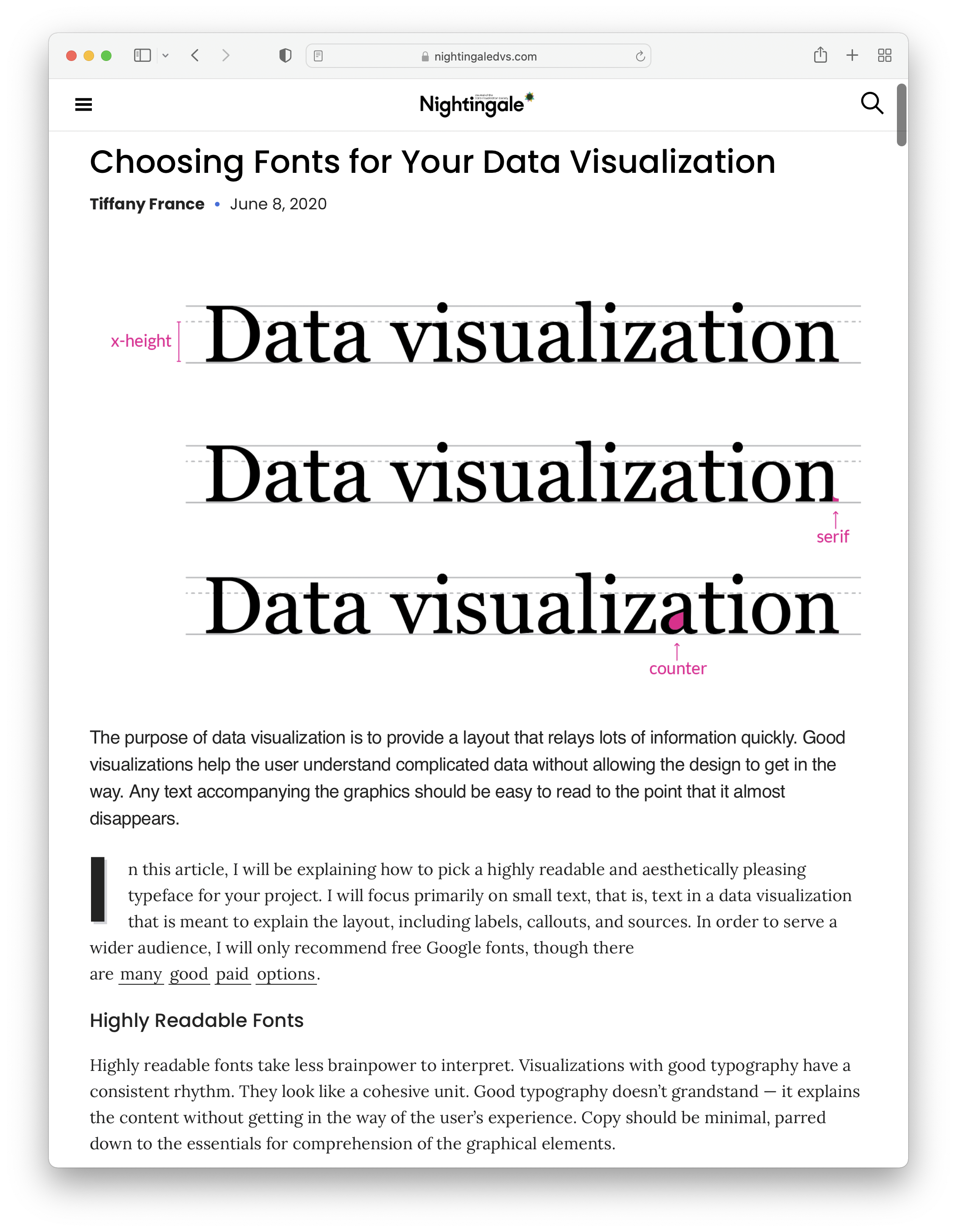 A browser window displaying the article Choosing Fonts for Your Data Visualization on nightingaledvs.com. It uses both sans-serif as serif fonts