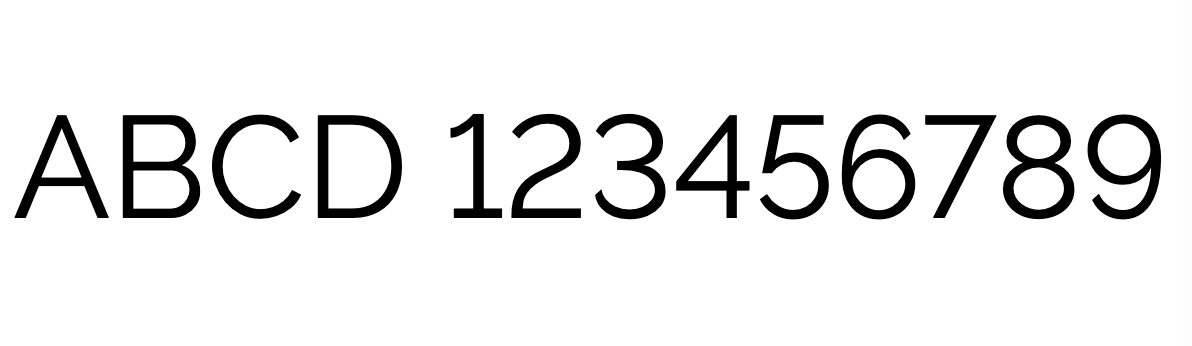 The text 'ABCD 123456789' in the Raleway font with lining numerals