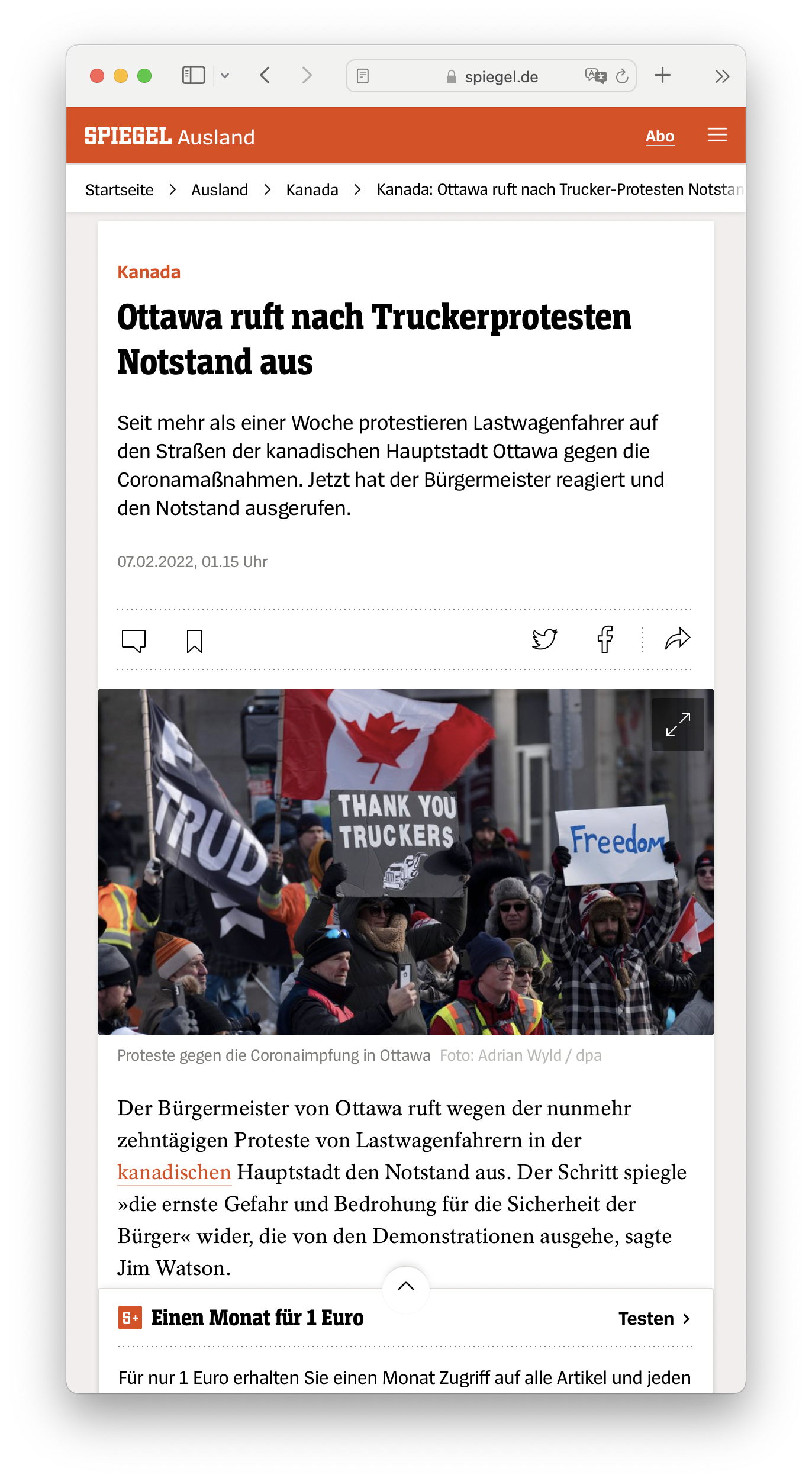 A browser window showing the article Ottawa ruft nach Truckerprotesten Notstand aus on spiegel.de. It uses both sans-serif and serif fonts