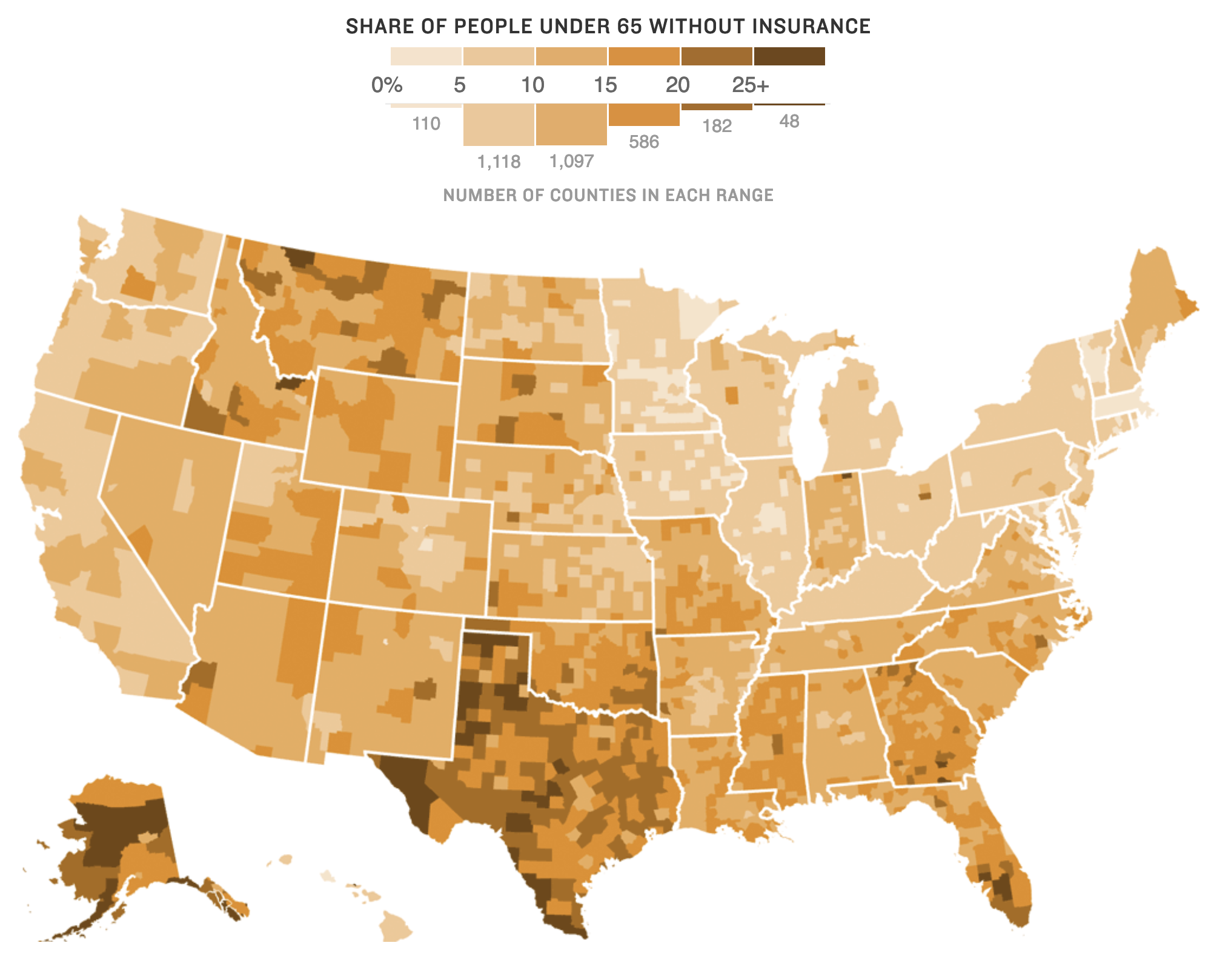 A choropleth map showing the share of people udner 65 without insurance in US counties. The colour legend of the map is also a histogram showing the number of counties in each bucket of the colour scale