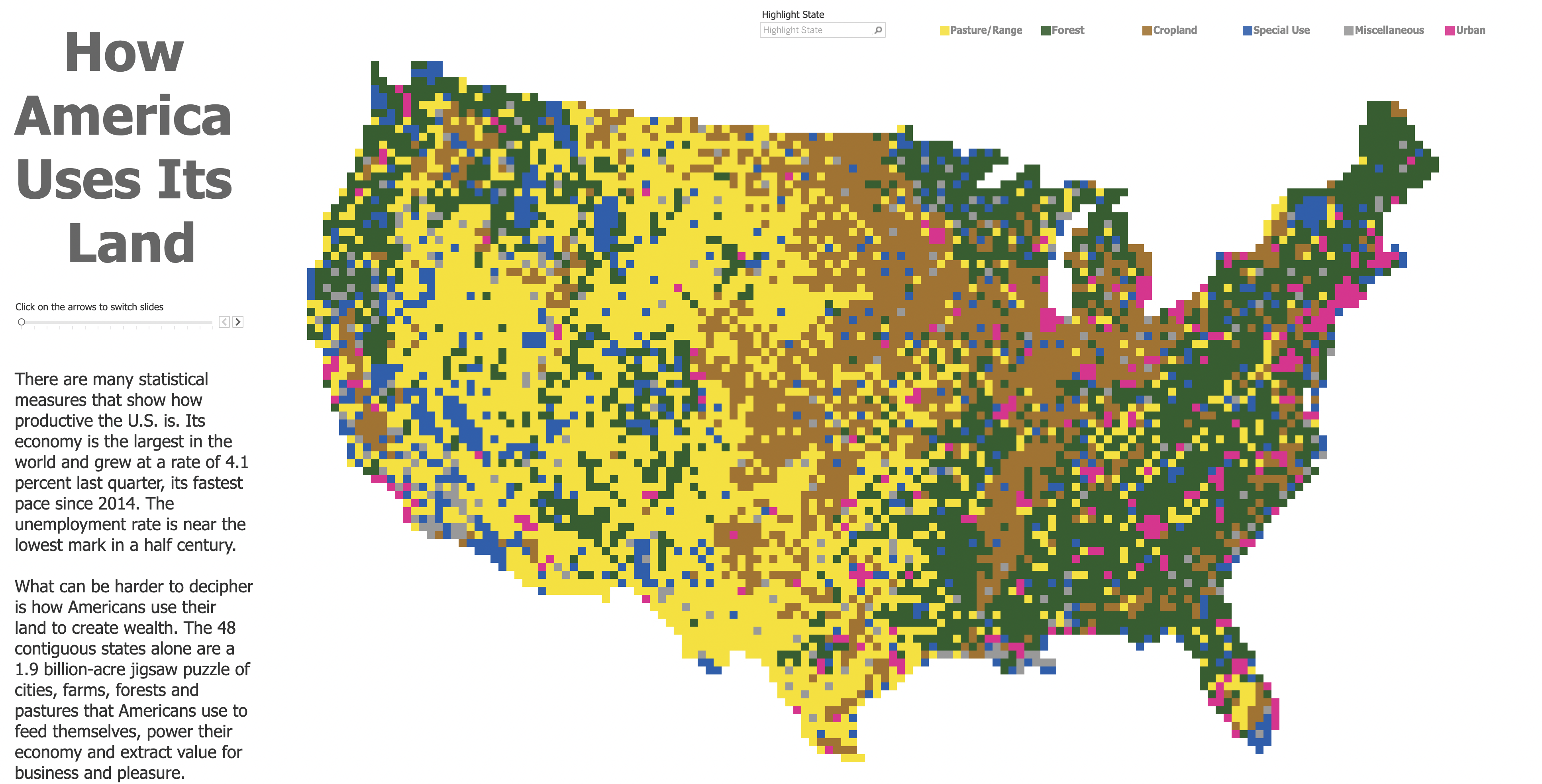 A map showing land use in the US. The title is on the right and reads 'How America Uses Its Land'