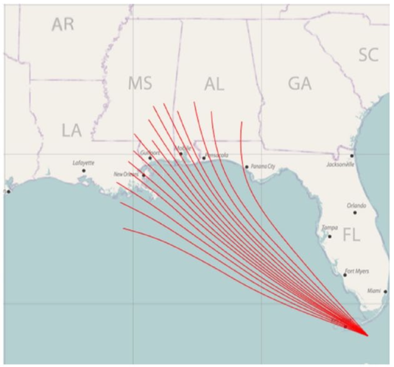 The same map as above, but with parallel lines representing the possible paths of a hurricane
