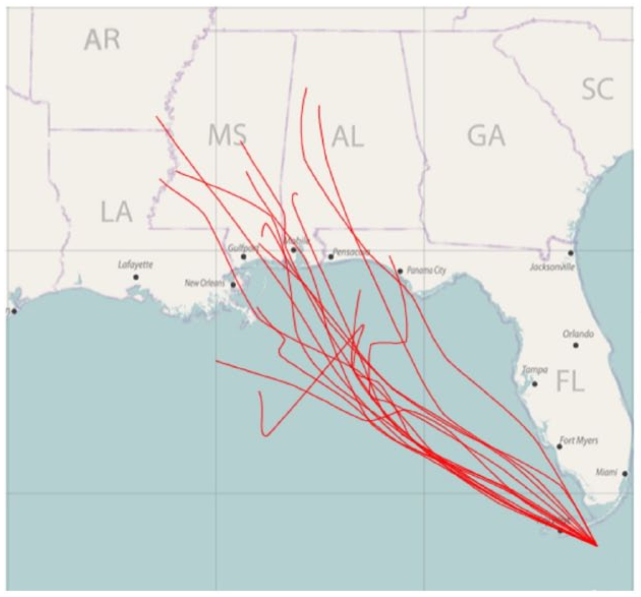 A map of the southeastern United States with red lines showing the possible paths of a hurricane