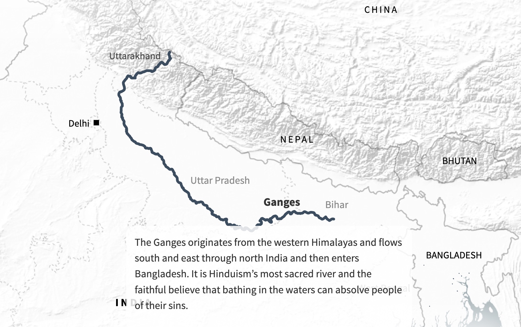 A screenshot from The race to save the river Ganges, showing a map of the river