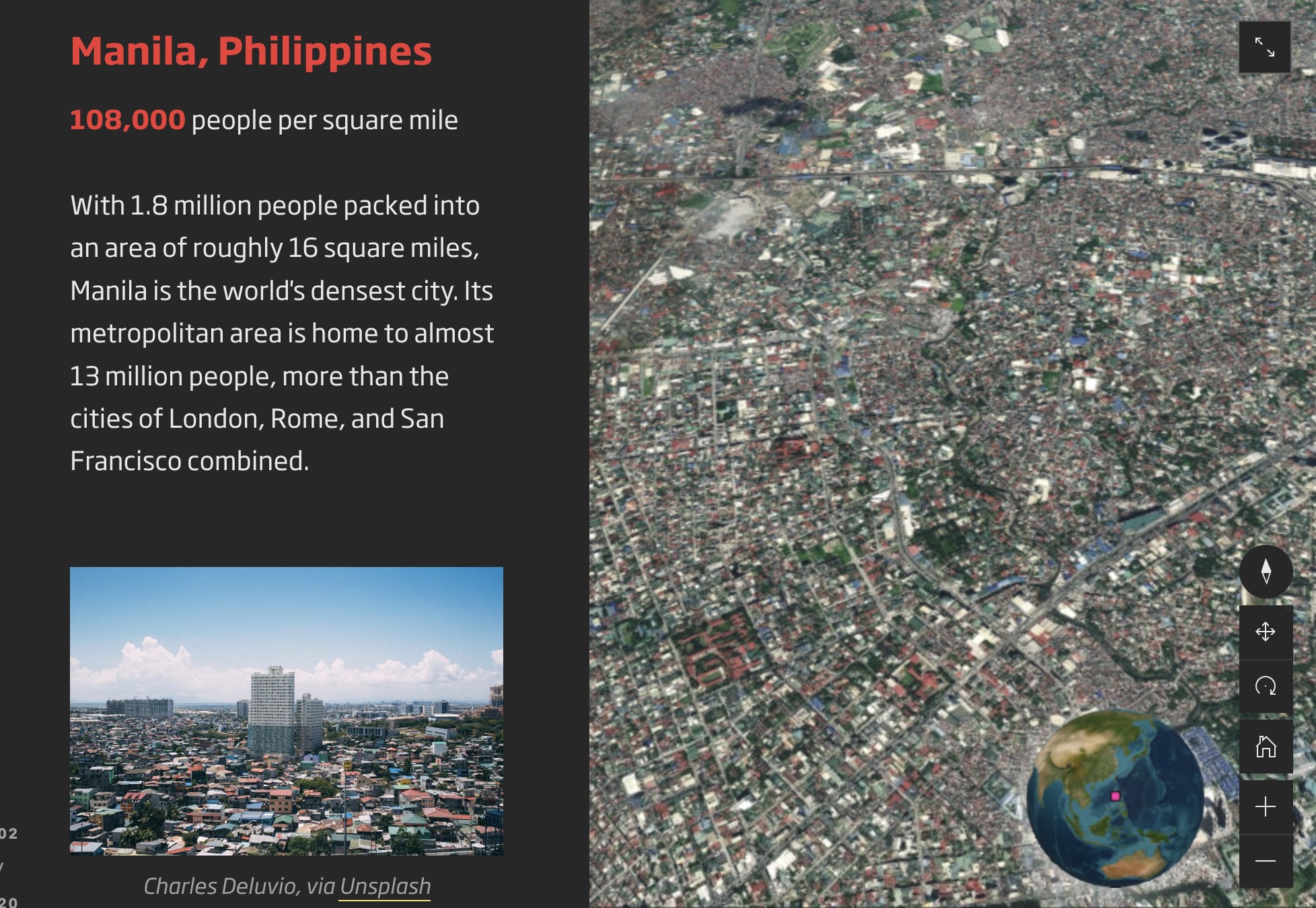 Screenshot of a snippet of text about Manilla and satellite imagery of the city