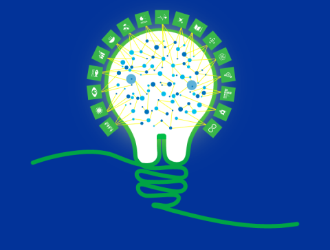 CORDIS light bulb symbol completed with green squares representing the Sustainable Development Goals, blue circles representing projects, and yellow lines showing the many-to-many links between projects and SDGs.