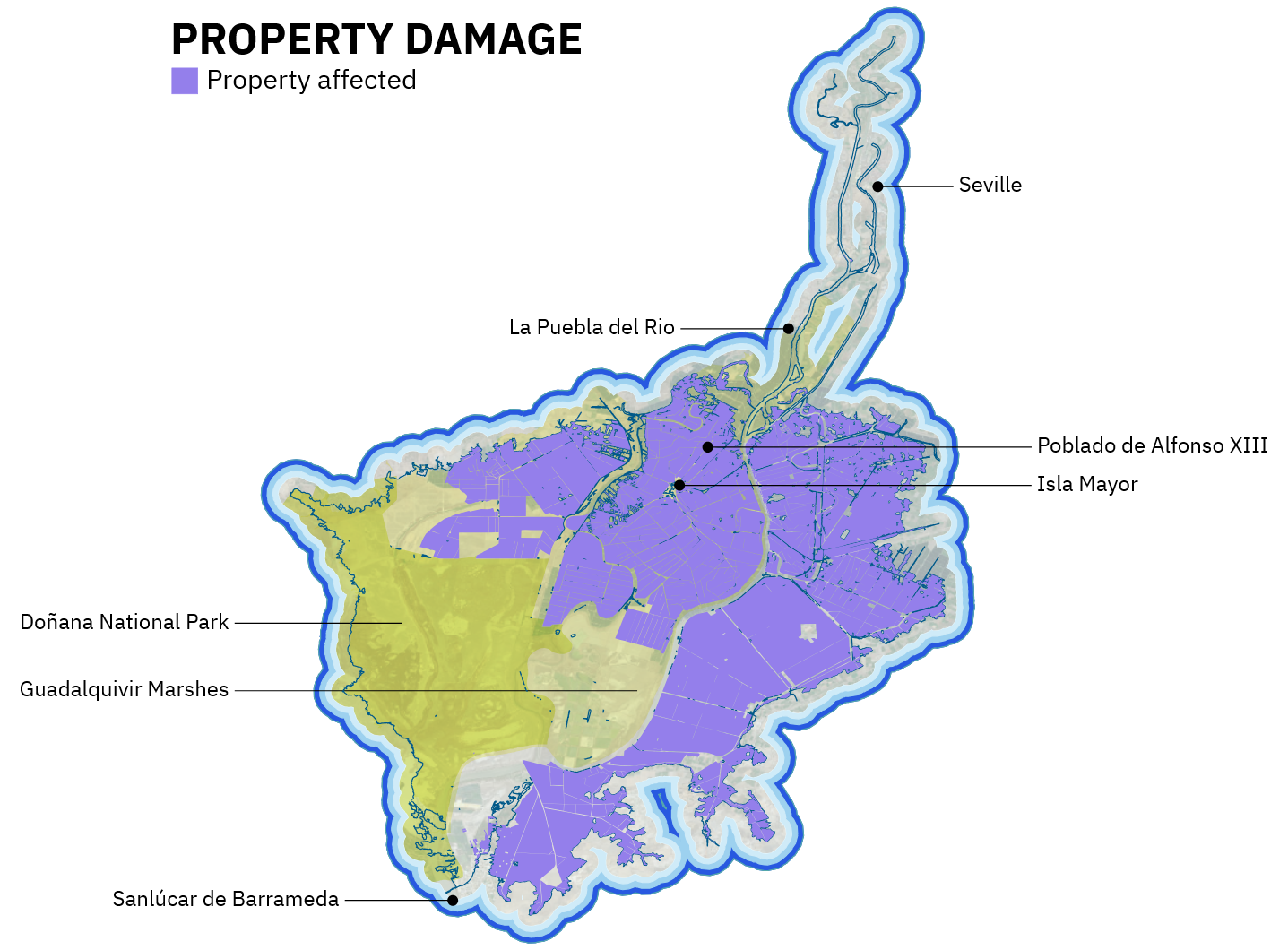 One of the maps from the main story. It shows the area at flood risk in the Guadalquivir River basin, in Spain.
Throughout this area are scattered a bunch of dots in three different shades of purple, from lighter to darker. A color legend reads
'Points at risk: Light risk for light purple, grave risk for medium purple, and very grave risk for dark purple'.