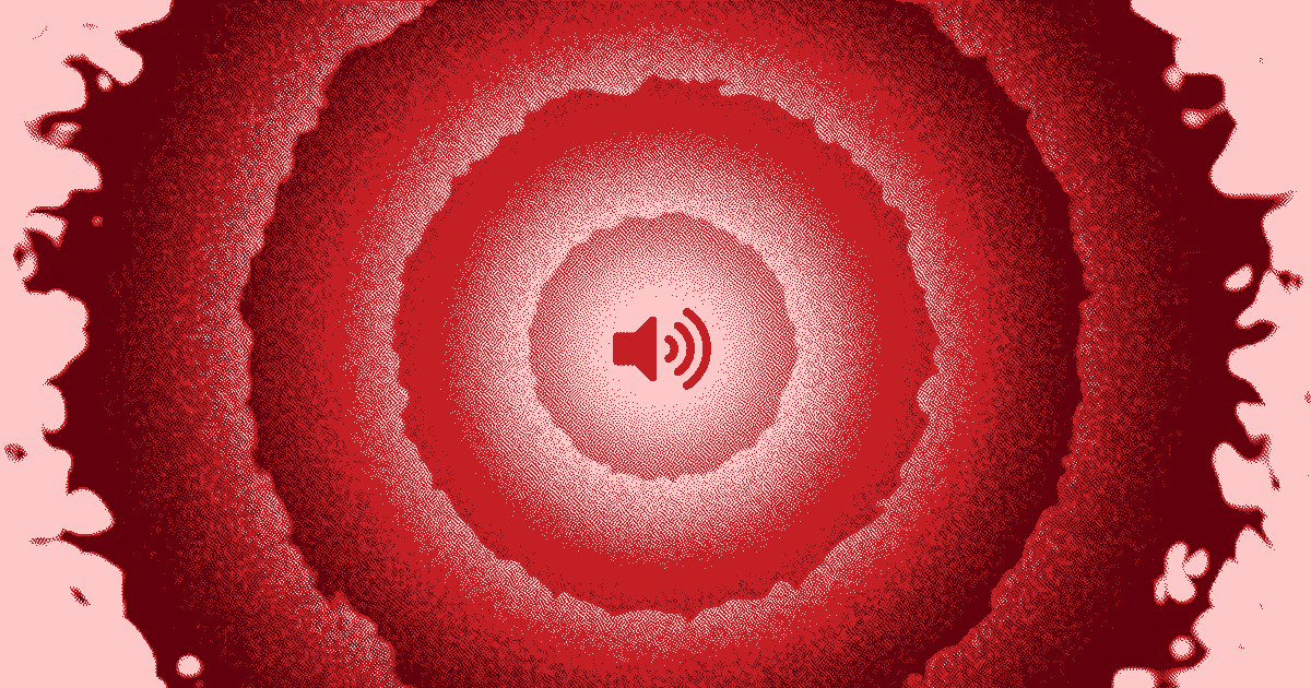 A speaker icon is centered within concentric red circles, resembling sound waves radiating outward against a gradient red background.