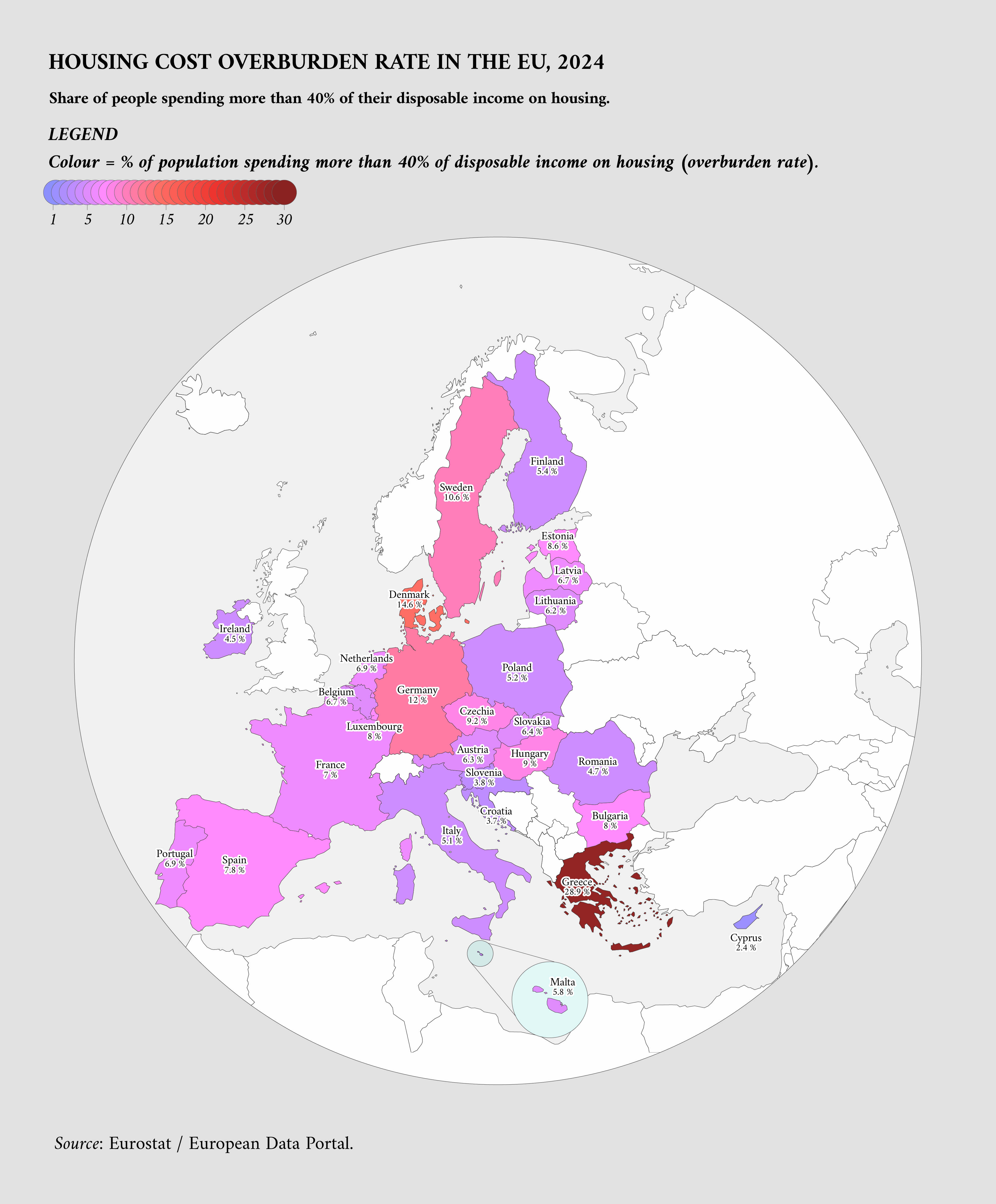 Housing cost overburden rate in the EU 2024