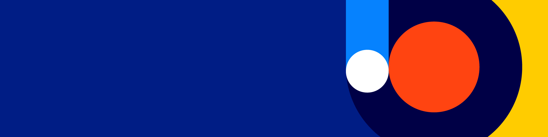 Abstract design with a dark blue background, featuring overlapping geometric shapes including a white circle, a red circle, and yellow and blue curved sections.