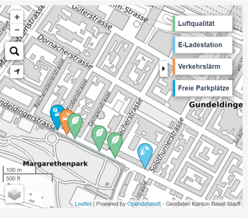 Figure 3: Locations of sensors and e-charging stations in Basel, Switzerland