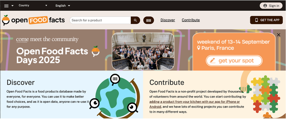 Snapshot of the Open Food Facts website