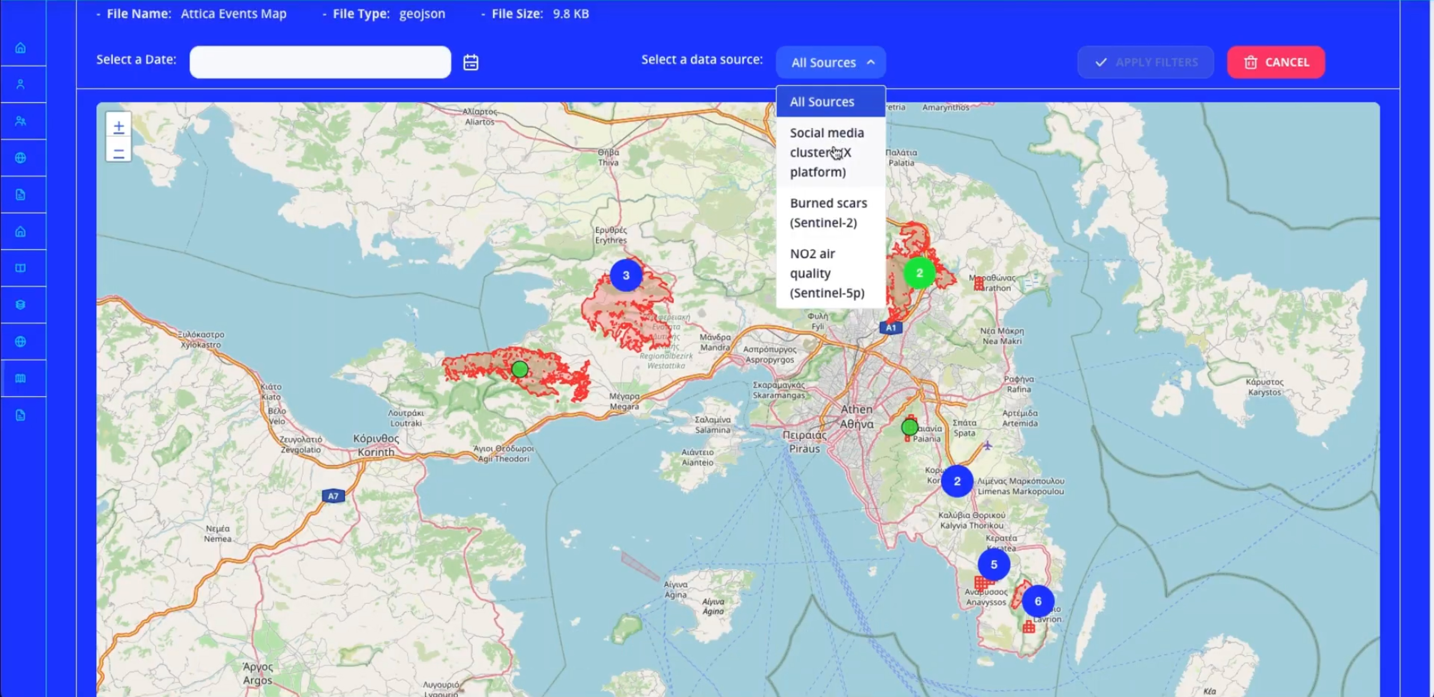 A map showing wildfires in Attica, Greece