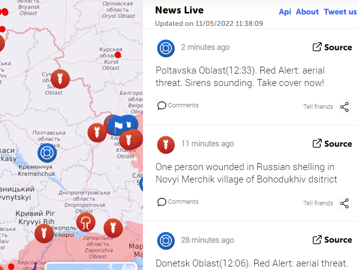 Live Universal Awareness Map displays events related to Russia’s invasion of Ukraine