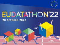 This visual shows multi-coloured data cubes running along a race track to the finishing line. Overhead is the title 'EU Datathon '22'. The finale event date 20 October 2022 is also given.The EU flag is top-right.