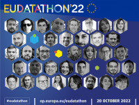 Promotional image depicting black and white portraits of the finalists of the EU Datathon 2022
